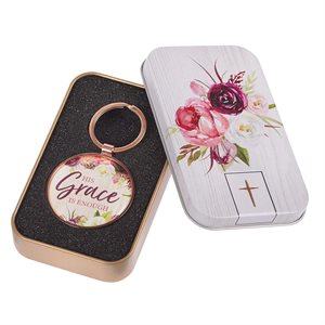 Porte-Clé / His Grace is Enough Keyring in a Tin in Pink Plum - 2 Corinthians 12:9