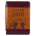 Couverture pour Bible LARGE / Stand Firm Two-tone Brown Faux Leather Classic Bible Cover - 1 Corinthians 16:13 , LARGE